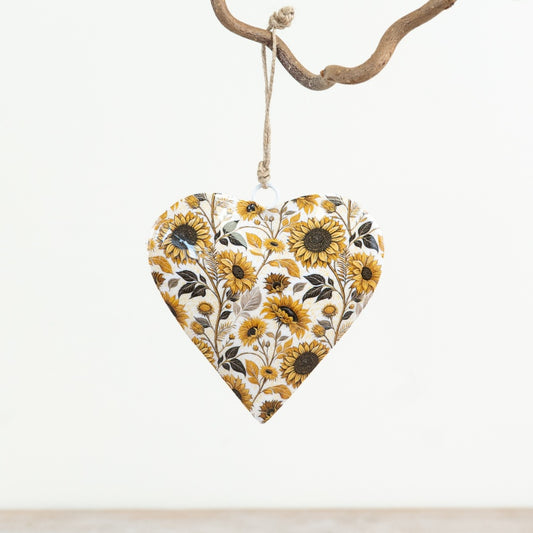 Sunflower Hanging Heart Decoration 10cm – Floral Heart Ornament, Rustic Home Décor Accent for Wall or Door