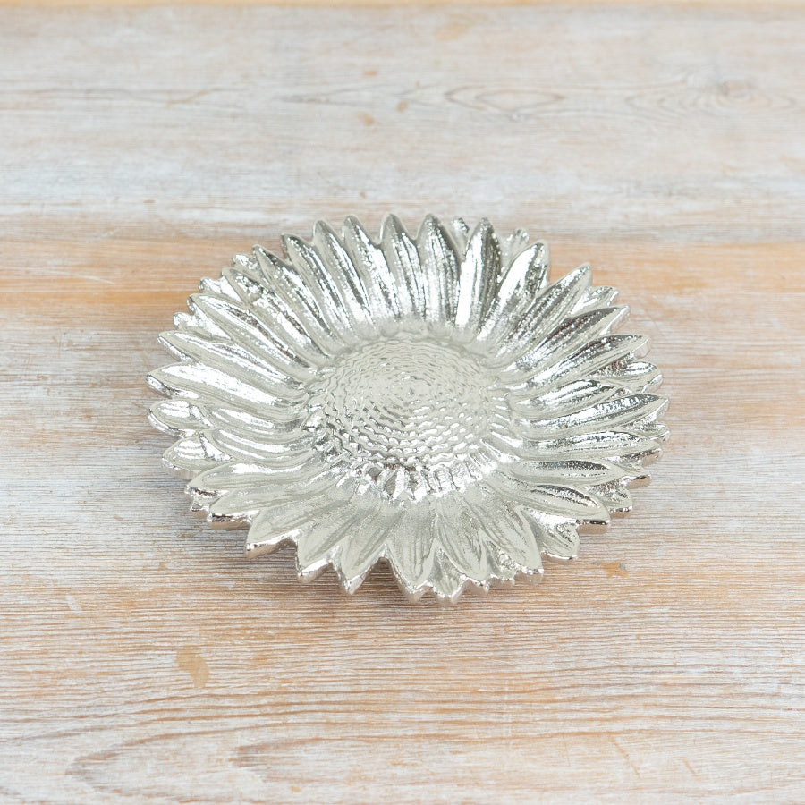 Sunflower Trinket Dish 15cm – Floral Aluminium Decorative Tray, Gold Nickel Jewellery Dish for Home Decor