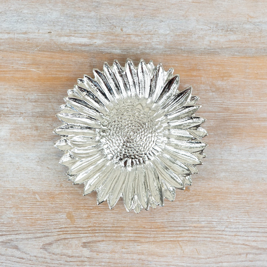 Sunflower Trinket Dish 15cm – Floral Aluminium Decorative Tray, Gold Nickel Jewellery Dish for Home Decor