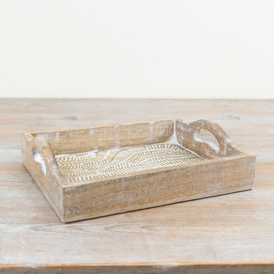 White Washed Serving Tray 25cm – Wooden Rustic Tray, Farmhouse Decorative Display for Drinks & Home Styling