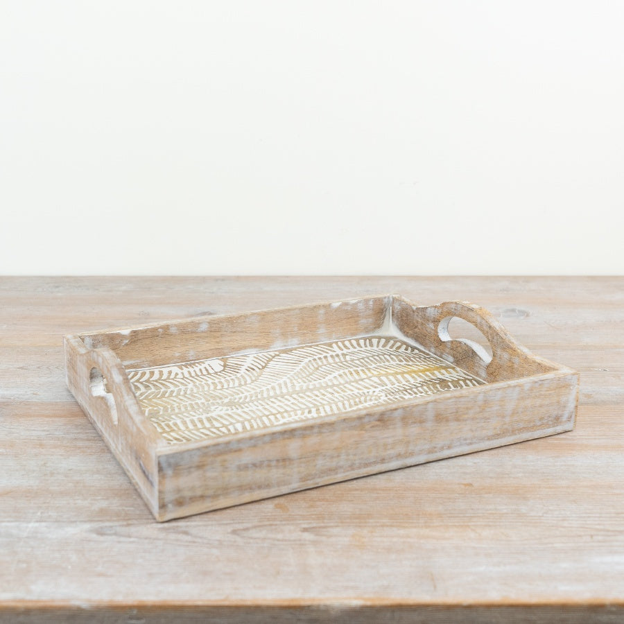 Patterned Wooden Tray 31cm – White Washed Serving Tray, Rustic Farmhouse Kitchen & Decorative Display Tray