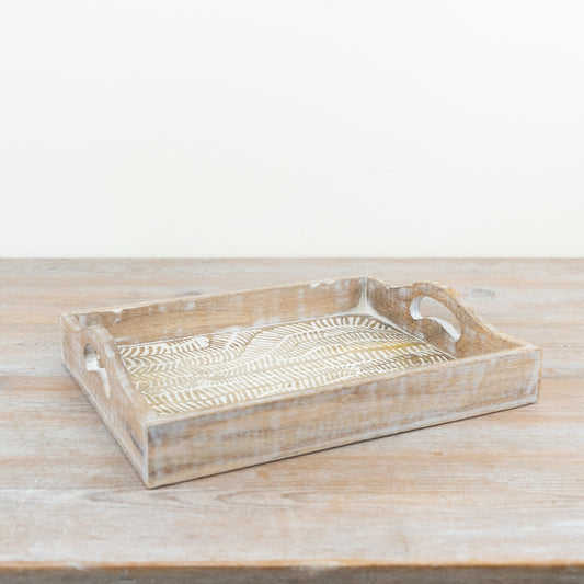 Patterned Wooden Tray 31cm – White Washed Serving Tray, Rustic Farmhouse Kitchen & Decorative Display Tray