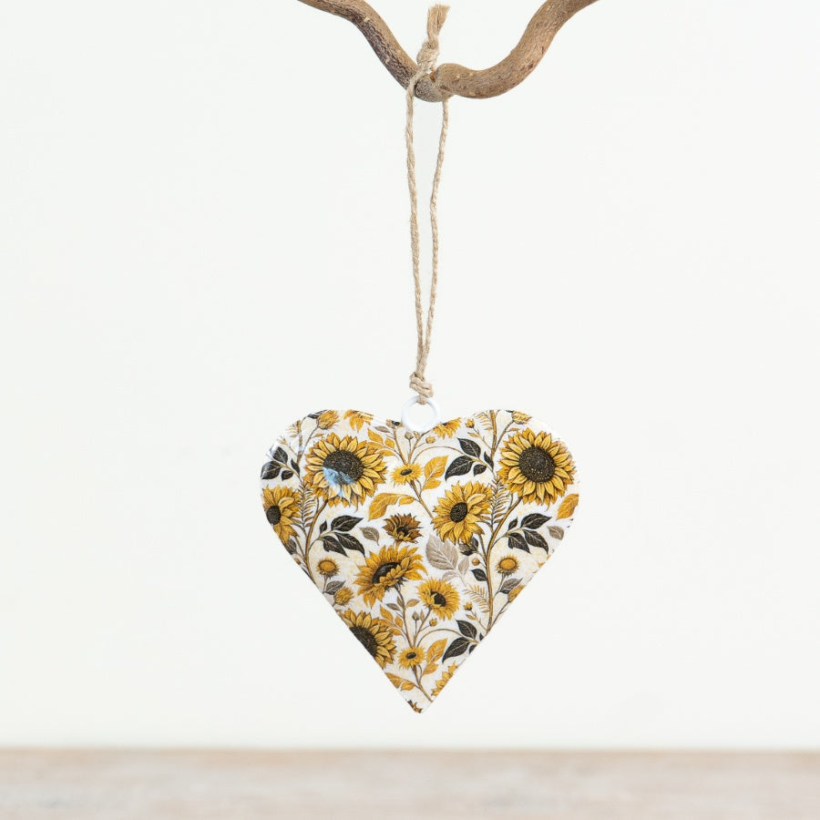 Sunflower Hanging Heart Decoration 8cm – Enamel Floral Heart Ornament, Rustic Home Décor Gift Accent