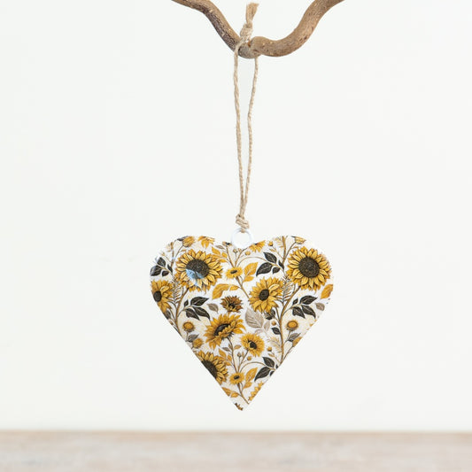 Sunflower Hanging Heart Decoration 8cm – Enamel Floral Heart Ornament, Rustic Home Décor Gift Accent