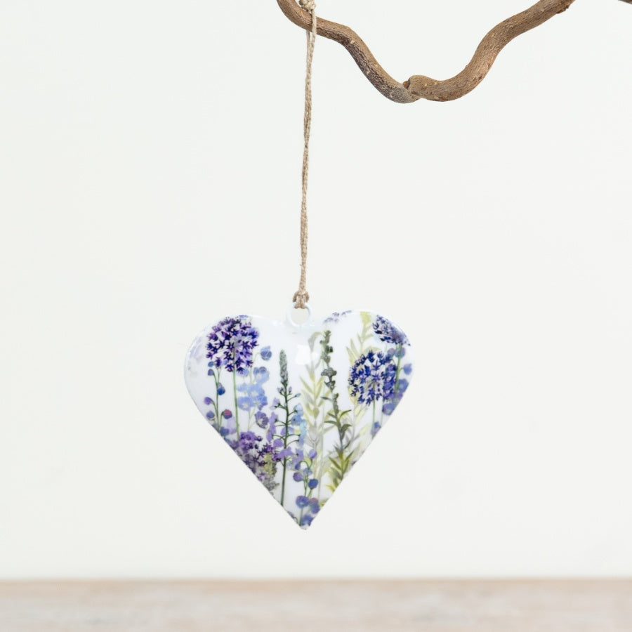 Lavender Heart Hanging Decoration 8cm – Enamel Floral Heart Ornament, Rustic Home Décor Accent Gift