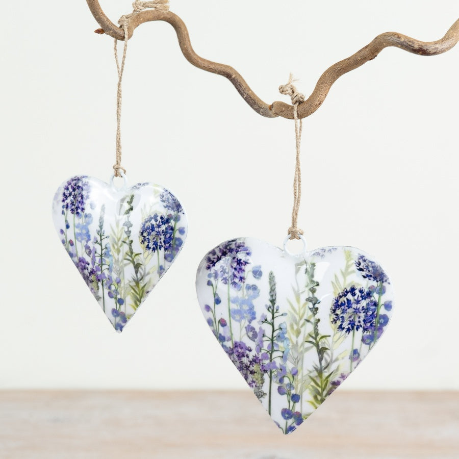 Lavender Heart Hanging Decoration 8cm – Enamel Floral Heart Ornament, Rustic Home Décor Accent Gift