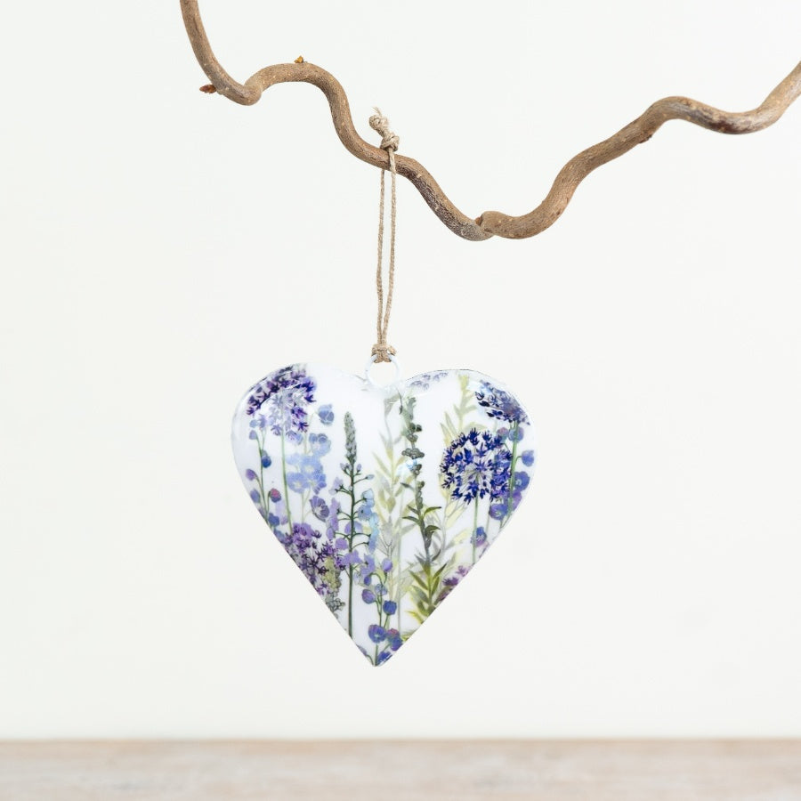 Lavender Heart Hanging Decoration 10cm – Enamel Floral Heart Ornament, Rustic Home Décor Accent Gift