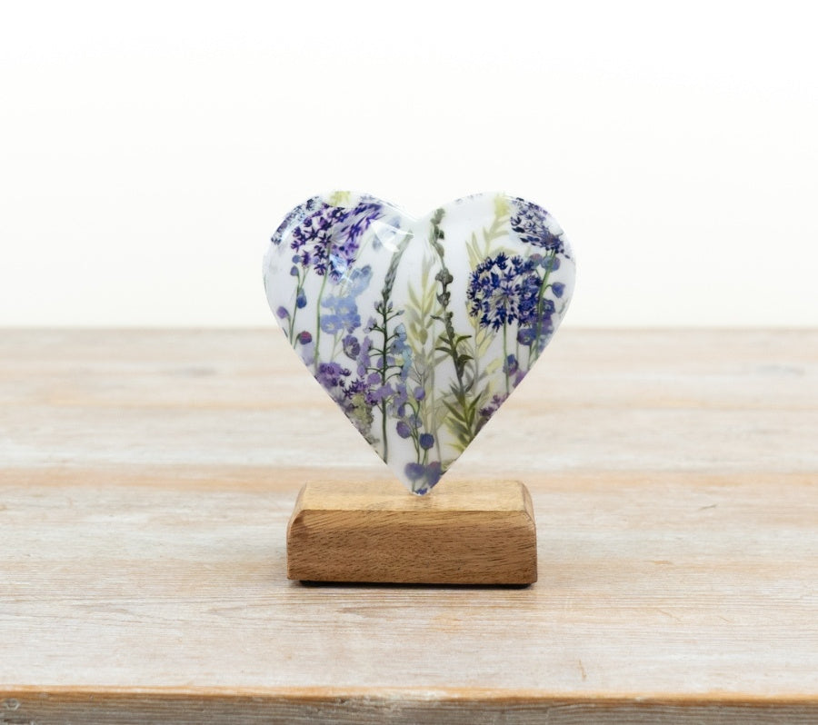 Lavender Design Heart on Base 12cm – Enamel Iron Heart Ornament, Rustic Floral Home Decor Accent on Stand