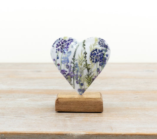 Lavender Design Heart on Base 12cm – Enamel Iron Heart Ornament, Rustic Floral Home Decor Accent on Stand