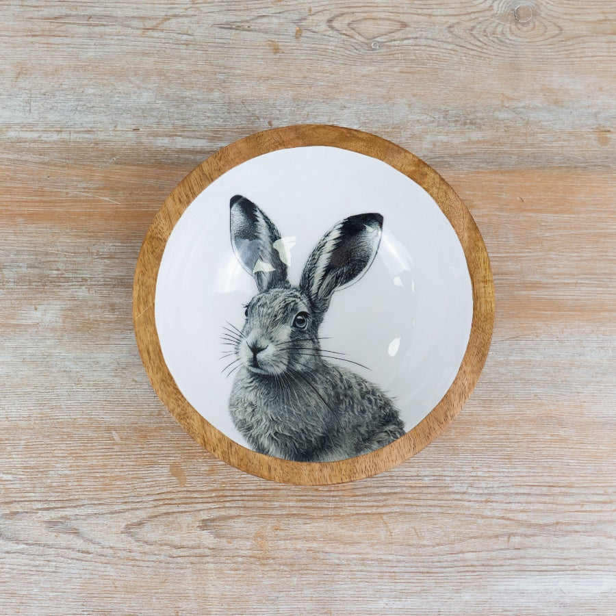 Enamel Rabbit Bowl 17cm – Wooden Serving Bowl with Bunny Design, Rustic Farmhouse Kitchen Decor Dish