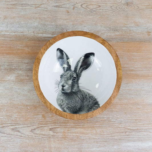 Enamel Rabbit Bowl 17cm – Wooden Serving Bowl with Bunny Design, Rustic Farmhouse Kitchen Decor Dish