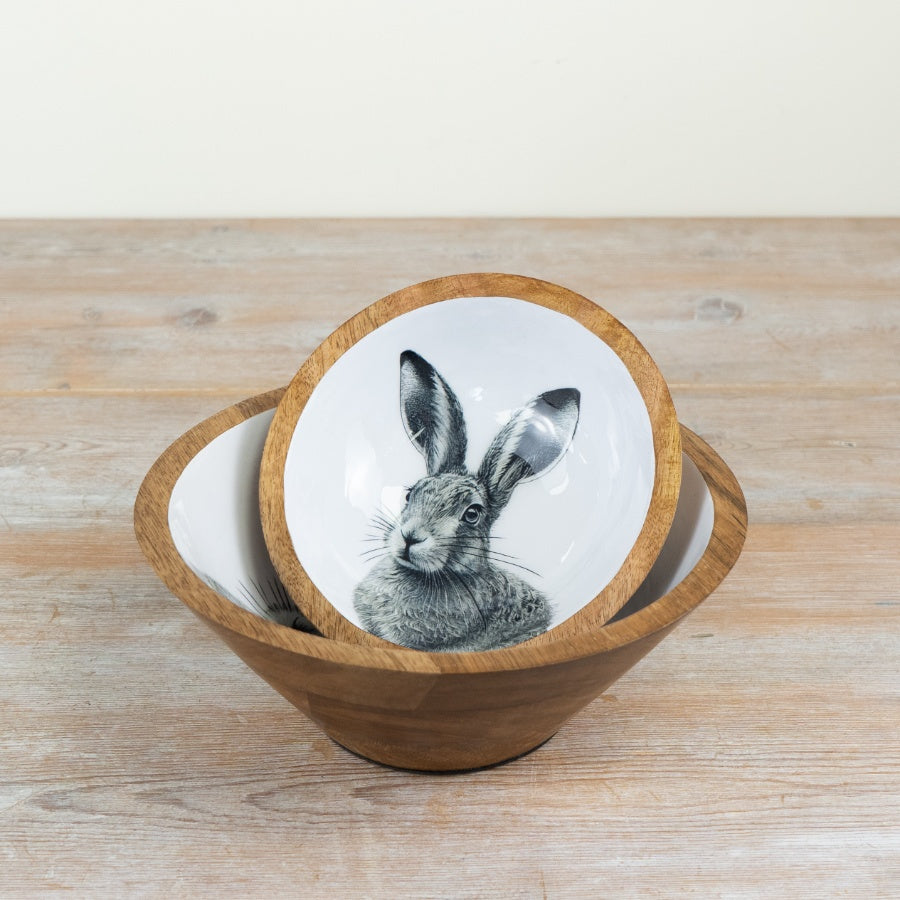 Enamel Rabbit Bowl 17cm – Wooden Serving Bowl with Bunny Design, Rustic Farmhouse Kitchen Decor Dish