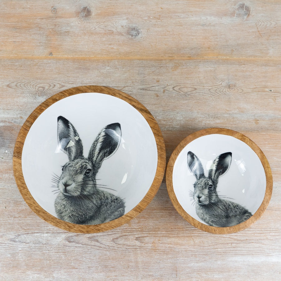 Rabbit Wooden Enamel Bowl 23cm – Rustic Farmhouse Serving Bowl, Decorative Country Kitchen Dish with Bunny Design