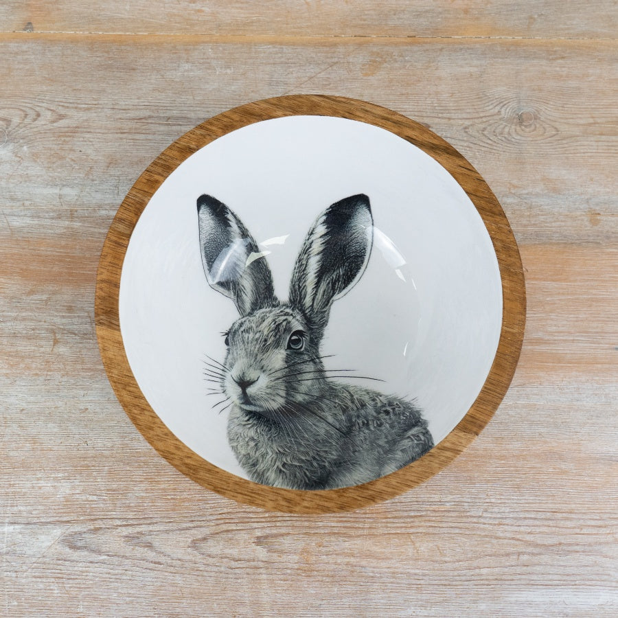 Rabbit Wooden Enamel Bowl 23cm – Rustic Farmhouse Serving Bowl, Decorative Country Kitchen Dish with Bunny Design