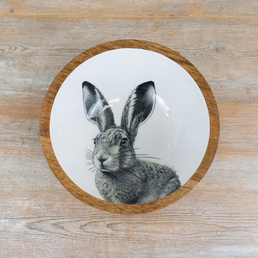 Rabbit Wooden Enamel Bowl 23cm – Rustic Farmhouse Serving Bowl, Decorative Country Kitchen Dish with Bunny Design
