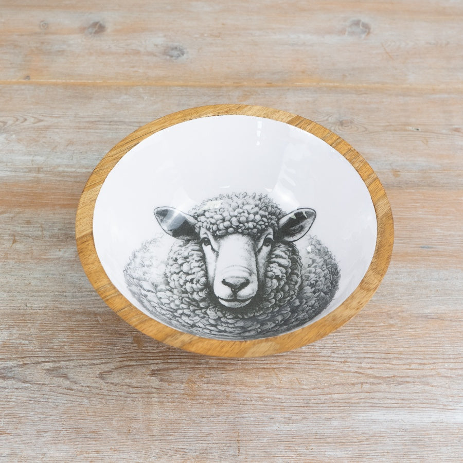 Sheep Wooden Enamel Bowl 23cm – Rustic Farmhouse Serving Bowl, Decorative Country Kitchen Dish