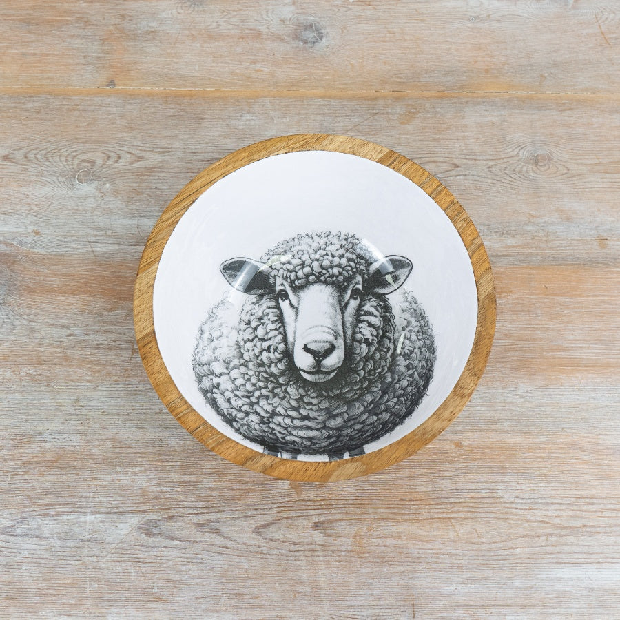Sheep Wooden Enamel Bowl 23cm – Rustic Farmhouse Serving Bowl, Decorative Country Kitchen Dish