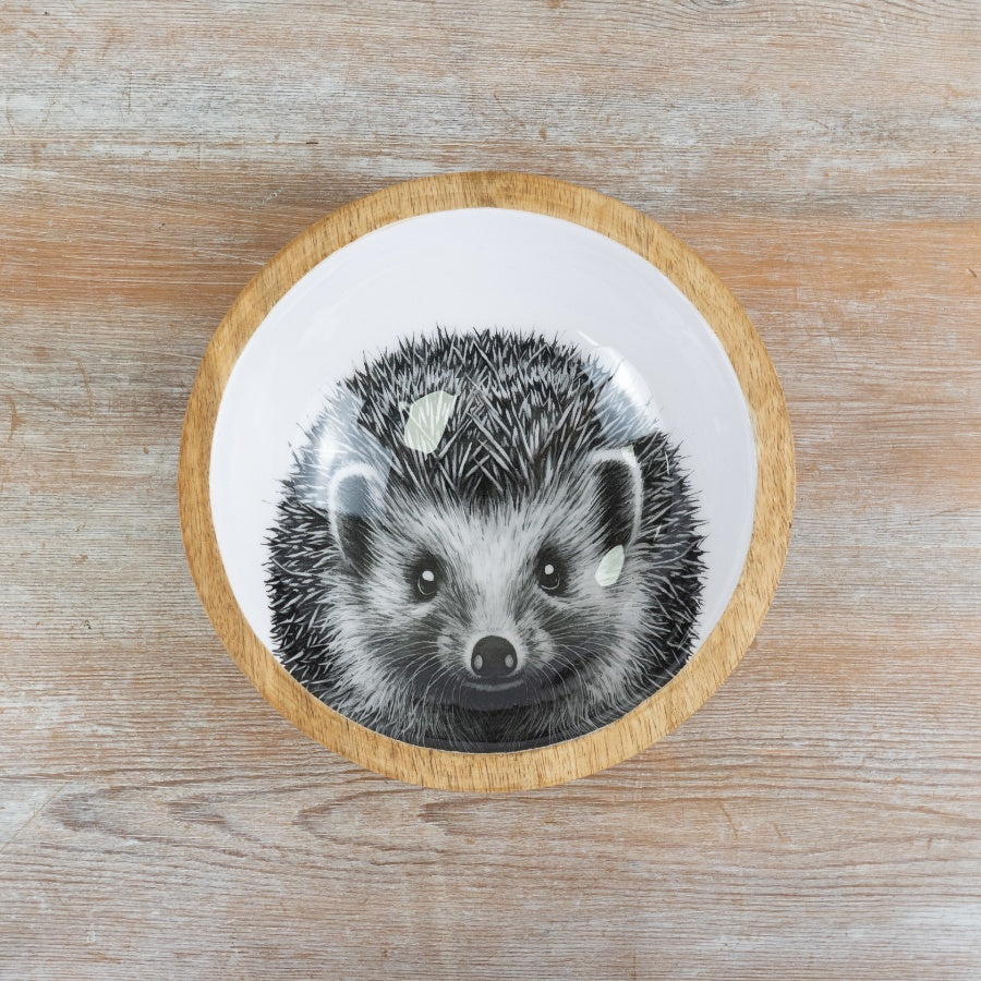 Hedgehog Wooden Enamel Bowl 17cm – Rustic Country Serving Bowl, Decorative Kitchen Dish with Animal Design
