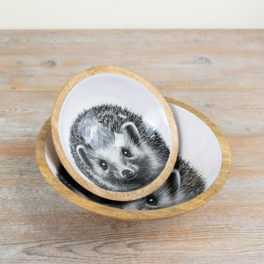 Hedgehog Wooden Enamel Bowl 17cm – Rustic Country Serving Bowl, Decorative Kitchen Dish with Animal Design
