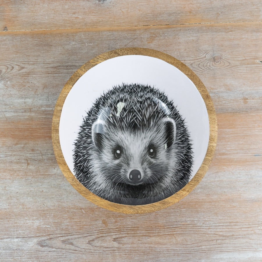 Hedgehog Wooden Enamel Bowl 23cm – Rustic Country Serving Bowl, Decorative Kitchen Dish with Animal Design