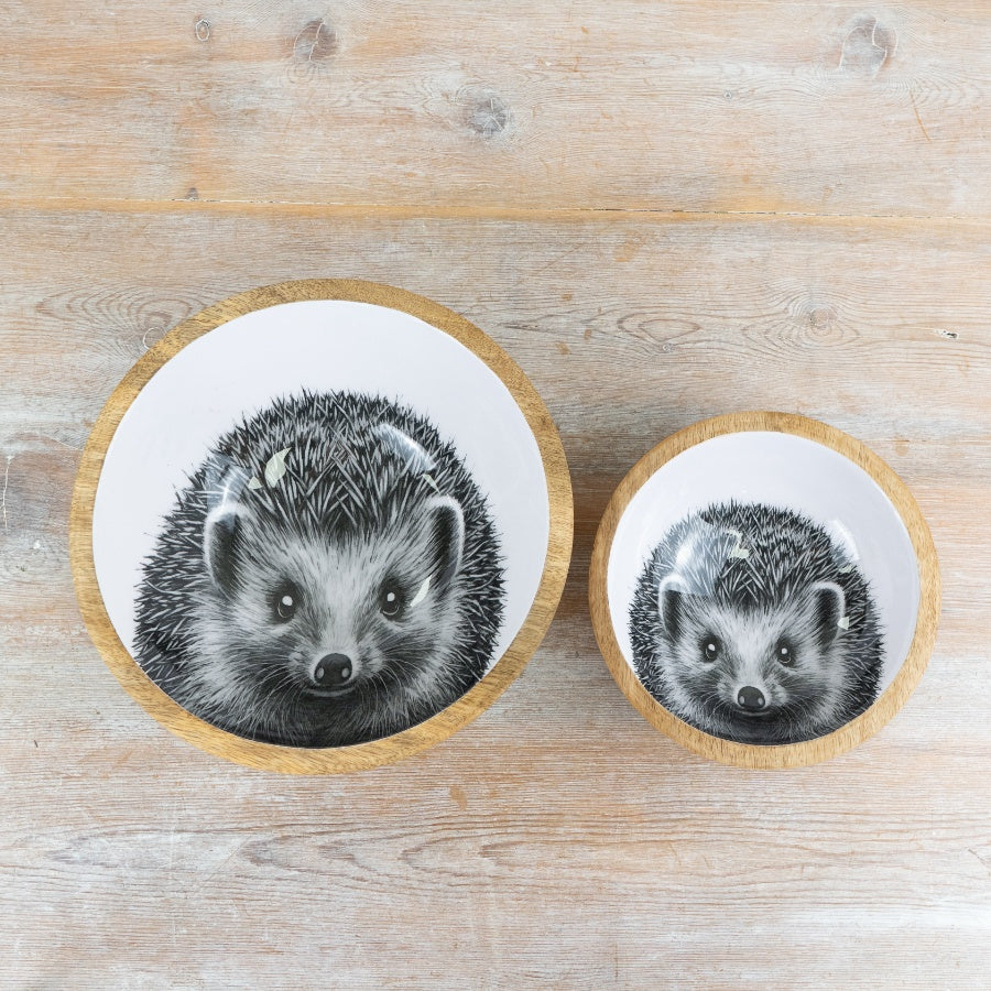 Hedgehog Wooden Enamel Bowl 23cm – Rustic Country Serving Bowl, Decorative Kitchen Dish with Animal Design