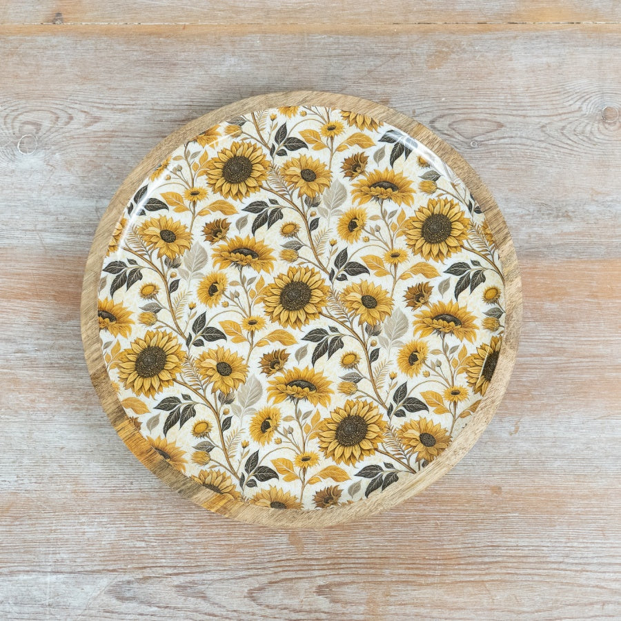 Sunflower Enamel Wood Plate 25cm – Floral Serving Plate, Rustic Decorative Tableware for Spring & Kitchen Decor