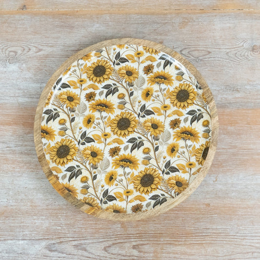 Sunflower Enamel Wood Plate 25cm – Floral Serving Plate, Rustic Decorative Tableware for Spring & Kitchen Decor