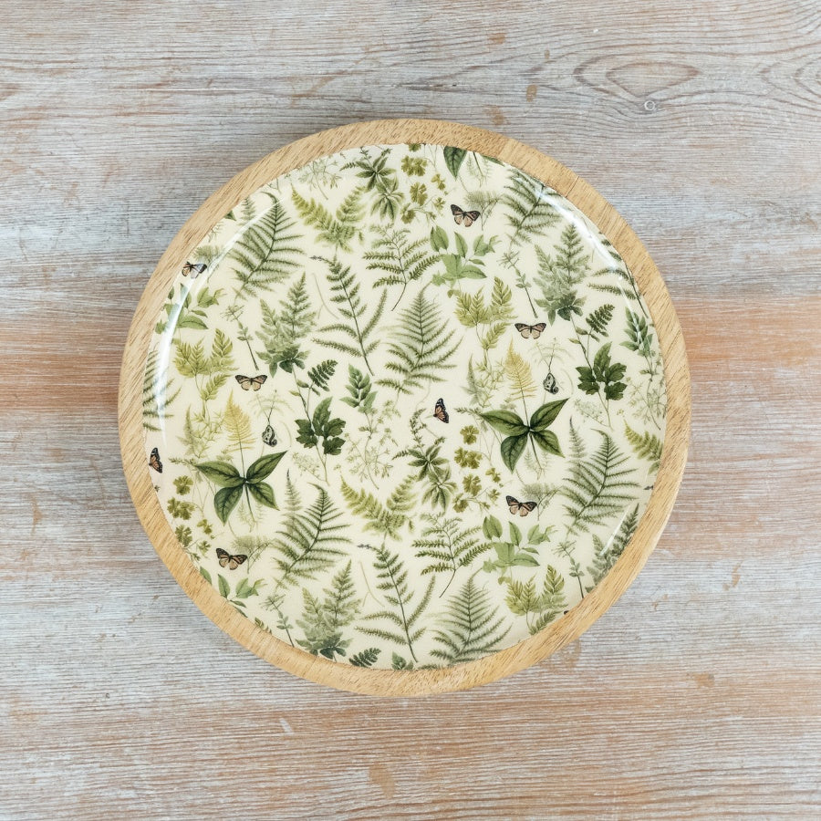 Botanical Serving Plate 25cm – Green Enamel Wooden Decorative Dish