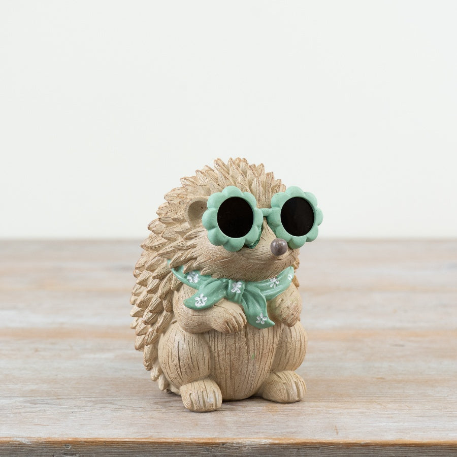Hedgehog Figurine with Flower Glasses 15cm – Cute Resin Animal Ornament, Quirky Garden or Indoor Decor Accent