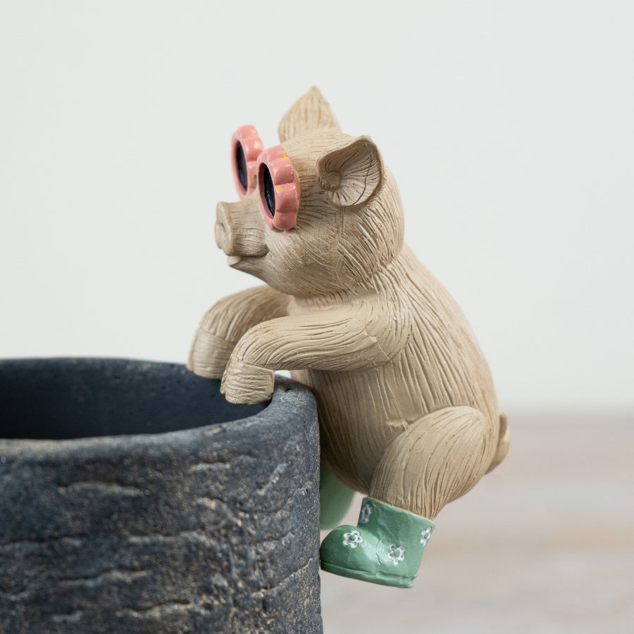 Pig Pot Hanger with Sunglasses 9cm – Mini Resin Planter Decor, Cute Animal Plant Accessory for Indoor & Garden Styling