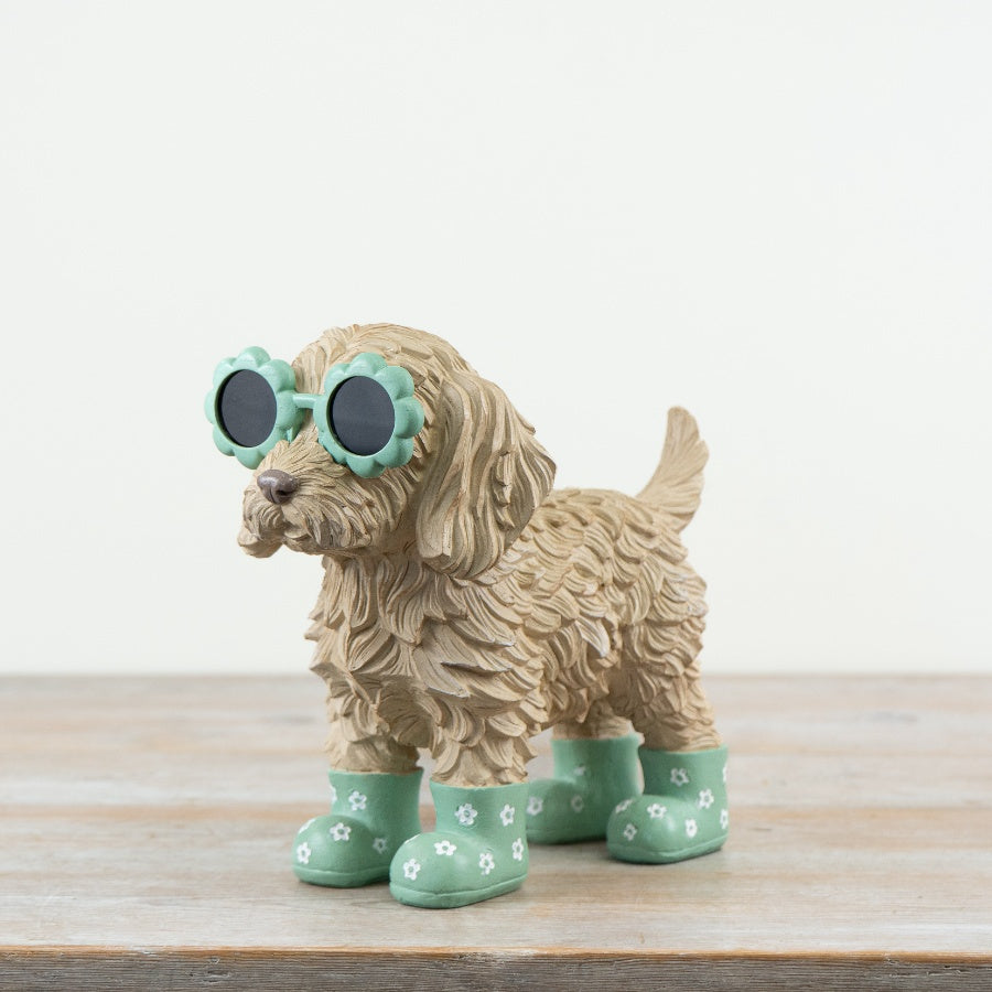 Cockapoo Figurine with Glasses & Boots 24.8cm – Quirky Dog Ornament, Garden or Home Animal Decor Gift