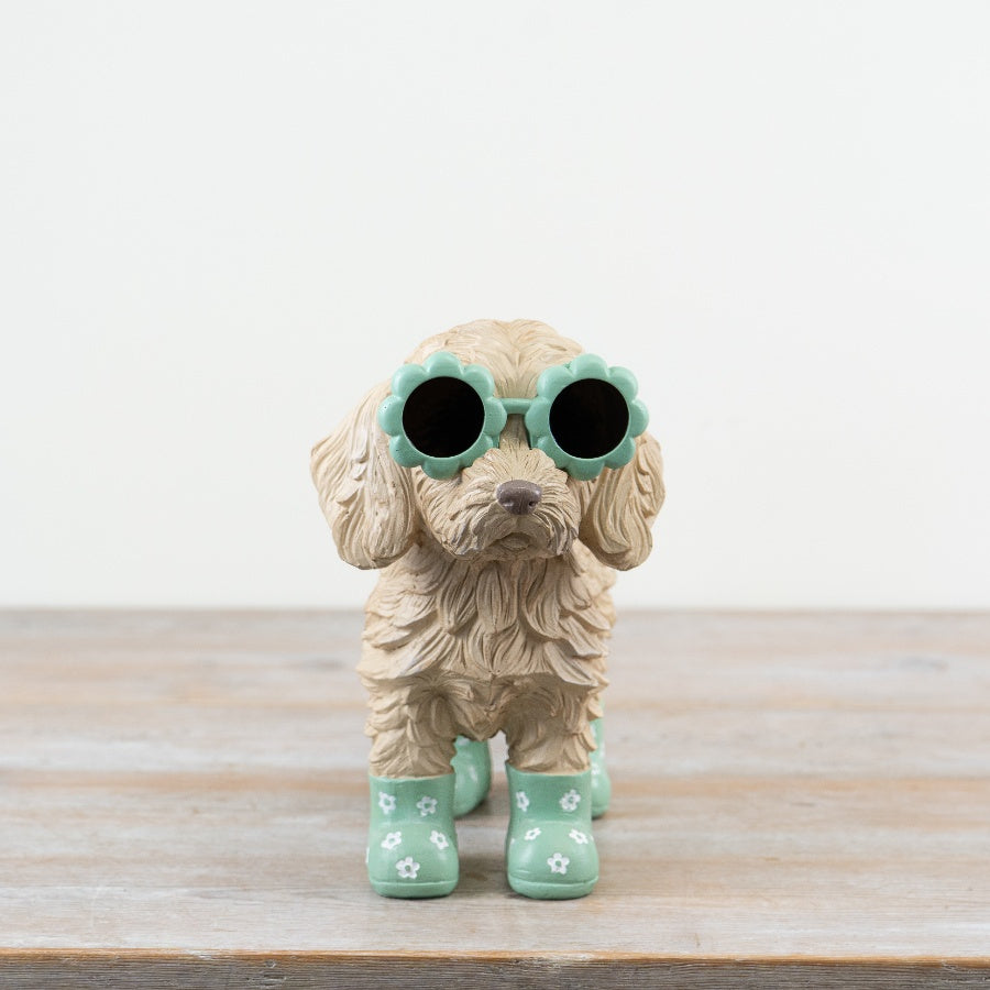 Cockapoo Figurine with Glasses & Boots 24.8cm – Quirky Dog Ornament, Garden or Home Animal Decor Gift