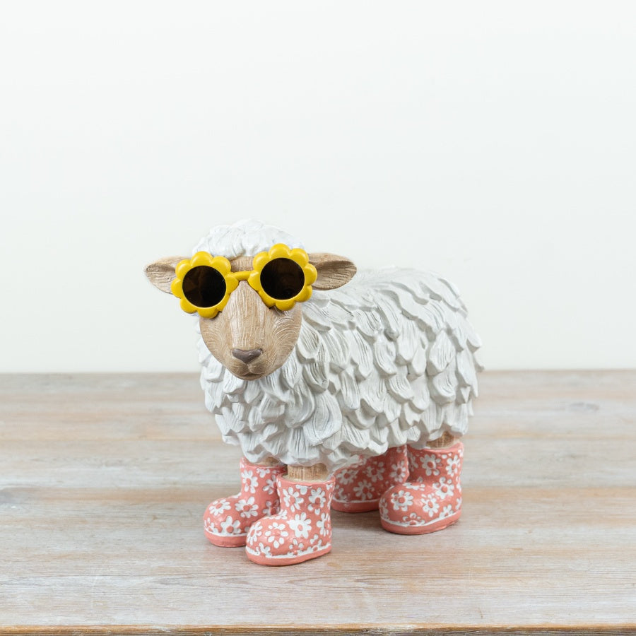 Sunglasses Sheep Figurine 25cm – Hand Painted Sheep Ornament with Boots, Quirky Garden or Indoor Decor Accent