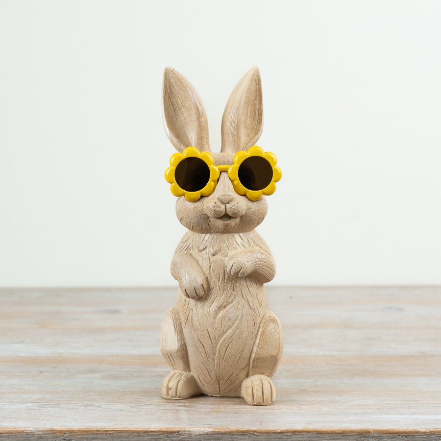 Resin Bunny with Flower Glasses 28cm – Large Quirky Rabbit Ornament, Garden or Indoor Decor Statement Piece