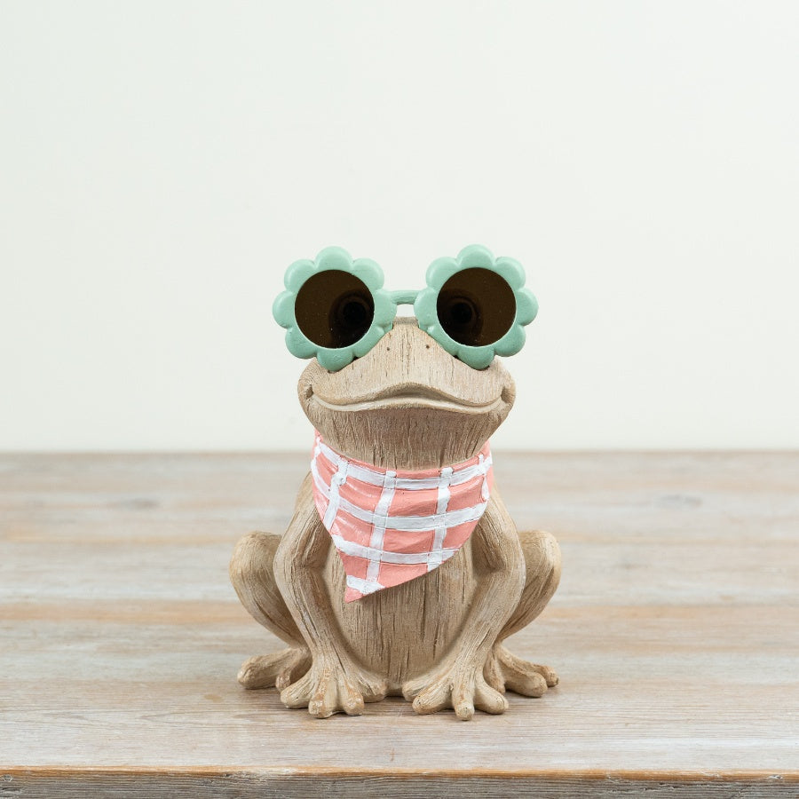Resin Sunglasses Frog Figurine 20cm – Cute Garden Ornament with Scarf, Decorative Frog Statue for Home or Outdoor Display