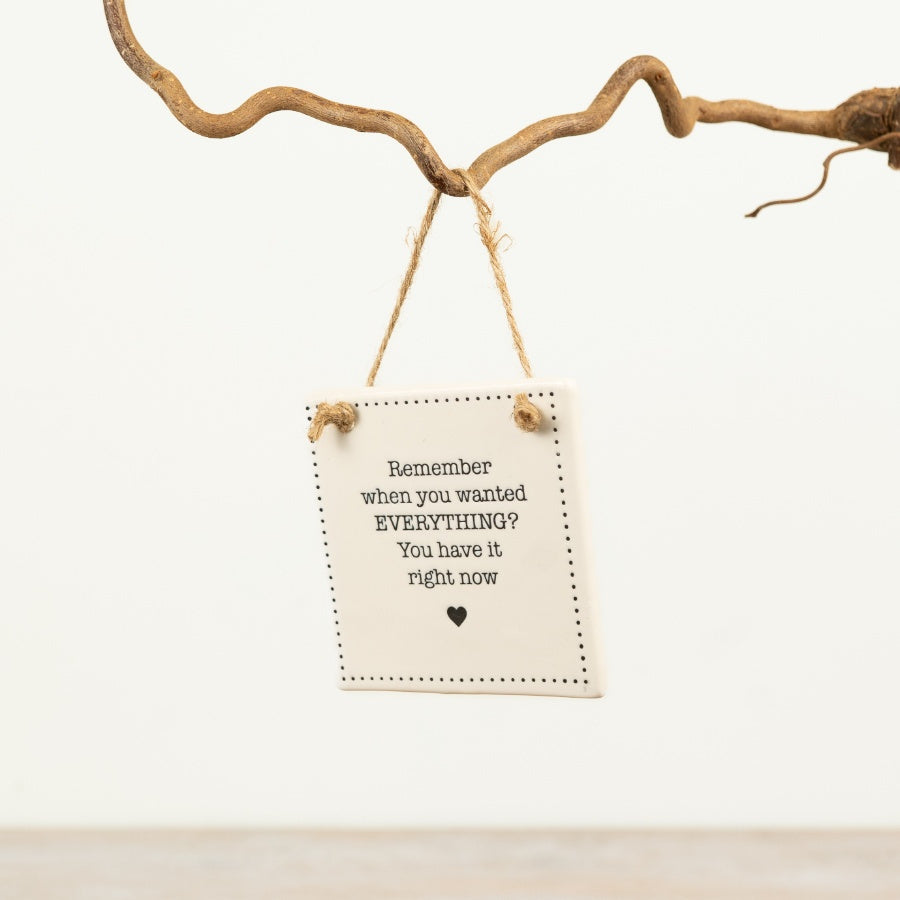Porcelain Hanging Quote Sign 9cm – “Remember When You Wanted Everything” Wall Decor, Inspirational Home Accent Gift