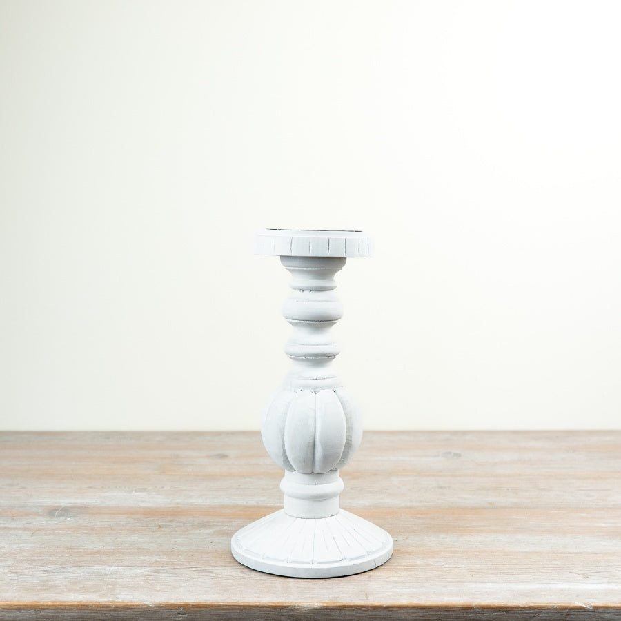 White Washed Candle Holder 20cm – Distressed Wooden Candlestick, Rustic Farmhouse Decor for Dining Table Display