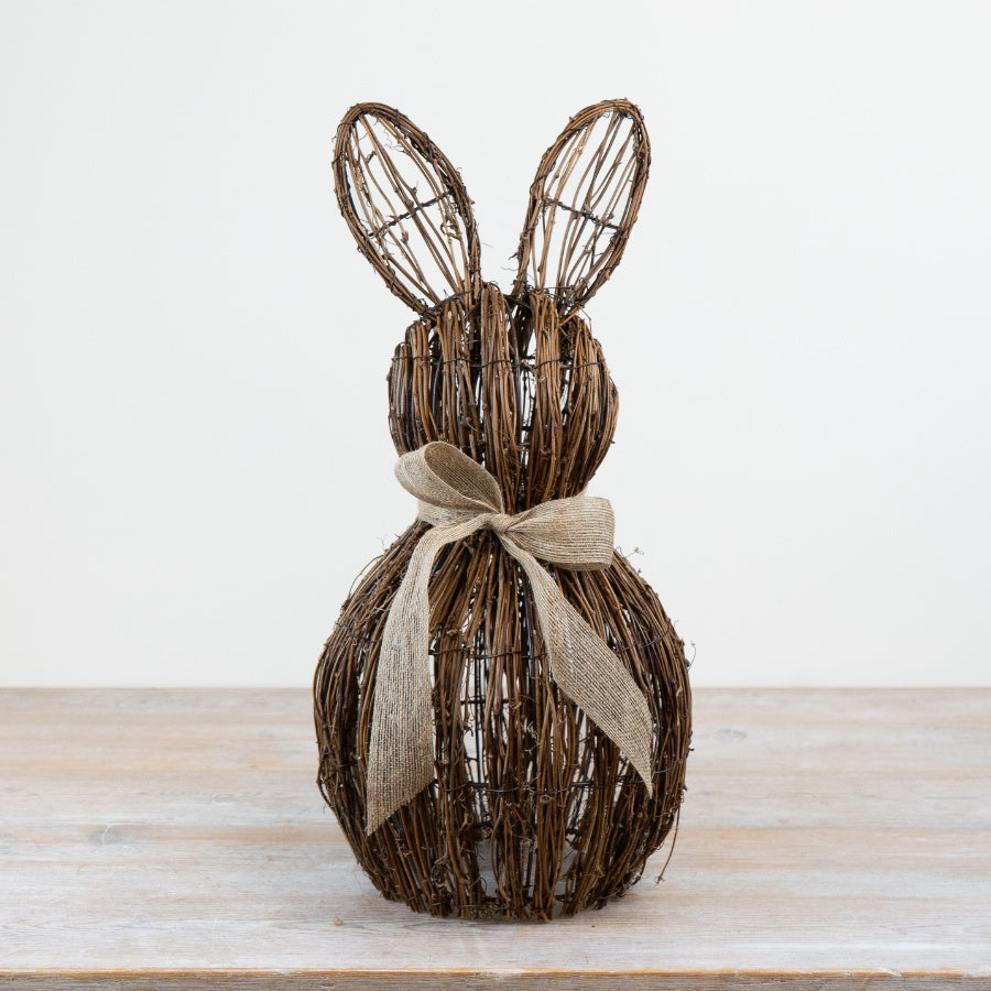 Rattan Bunny Decoration 20cm – Rustic Rabbit Ornament with Bow for Home Décor Accent