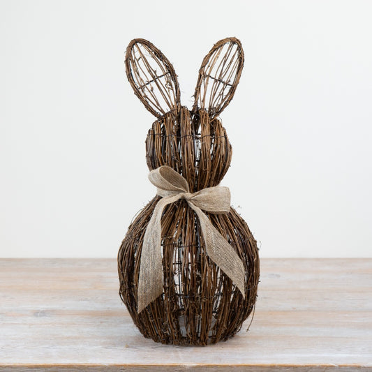 Rattan Bunny Decoration 20cm – Rustic Rabbit Ornament with Bow for Home Décor Accent