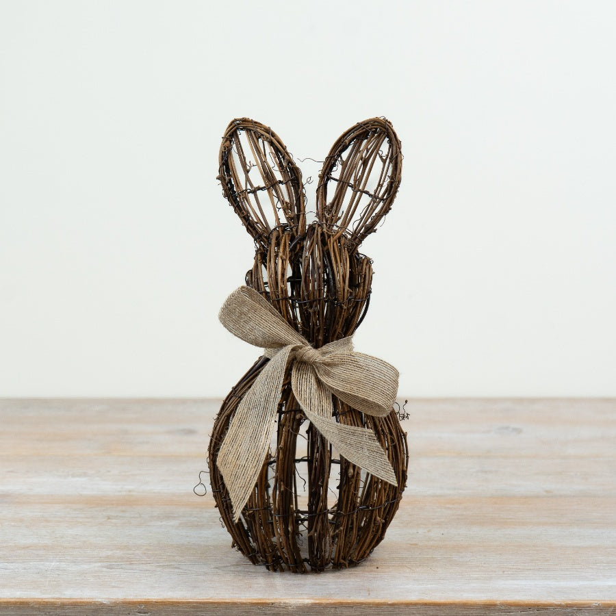 Rattan Bunny Decoration 13cm – Rustic Rabbit Ornament with Bow for Home Décor Accent