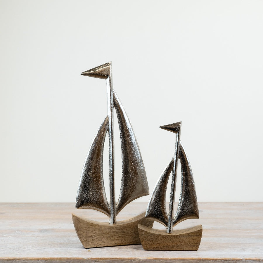 Wooden Ship Ornament on Base 30cm – Large Nautical Decor Piece, Coastal Home Accent for Shelf or Office Styling