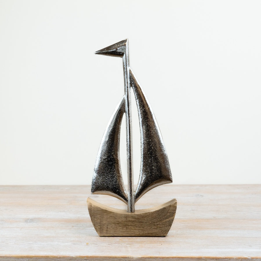 Wooden Ship Ornament on Base 45cm – Large Nautical Decor Piece, Coastal Home Accent for Shelf or Office Styling