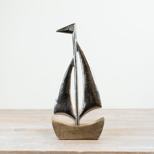 Wooden Ship Ornament on Base 45cm – Large Nautical Decor Piece, Coastal Home Accent for Shelf or Office Styling