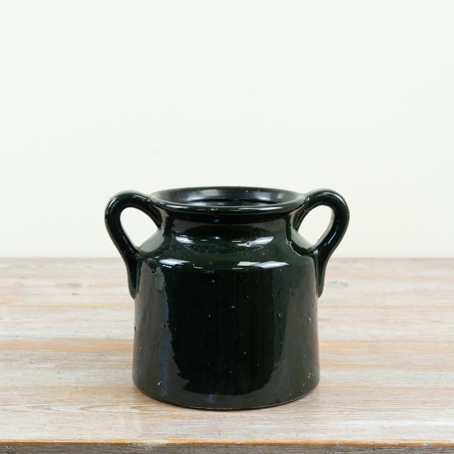 Forest Green Glazed Pot Vase 21cm – Waterproof Ceramic Vase with Dual Handles Decorative Home Decor