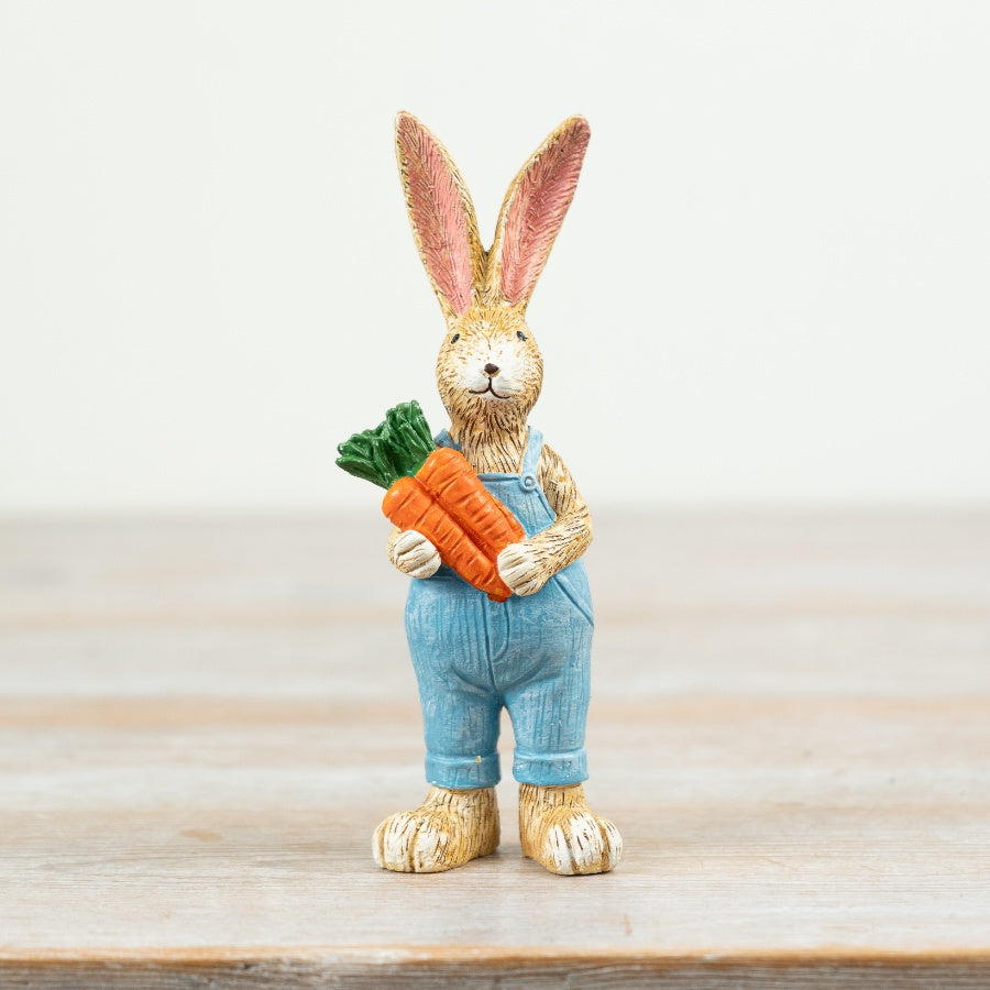 Jasper Rabbit with Carrots 14cm – Cute Bunny Figurine in Blue Dungarees, Spring Easter Decor for Home Display