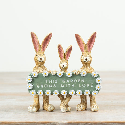 Rabbit Family Garden Ornament 14cm – “This Garden Grows With Love” Plaque Decor, Cute Bunny Figurine for Home or Outdoor