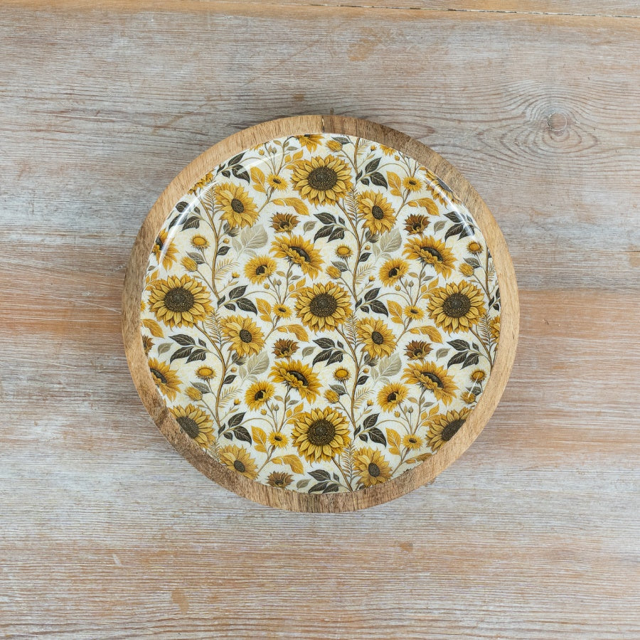 Sunflower Decorative Plate 25cm – Wood & Enamel Floral Display Plate, Rustic Home Decor Accent for Wall or Table Styling