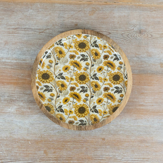 Sunflower Decorative Plate 25cm – Wood & Enamel Floral Display Plate, Rustic Home Decor Accent for Wall or Table Styling