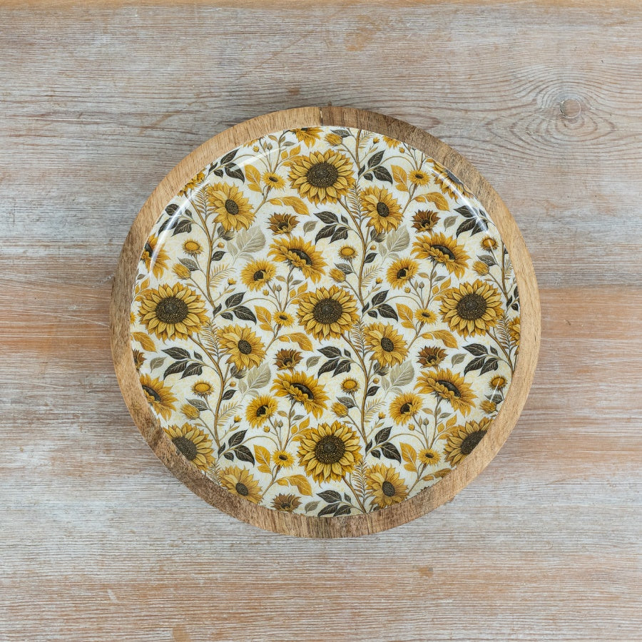 Sunflower Decorative Plate 20cm – Wood & Enamel Floral Display Plate, Rustic Home Decor Accent for Wall or Table Styling