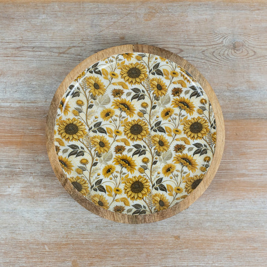 Sunflower Decorative Plate 20cm – Wood & Enamel Floral Display Plate, Rustic Home Decor Accent for Wall or Table Styling